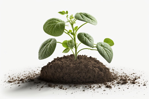 Growing plant with dirt on plain white background growth concept Generated AI