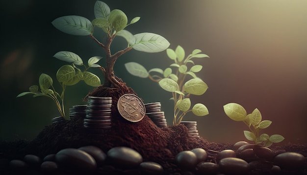 Growing plants on coins stacked on green blurred backgrounds and natural light with financial ideas Generative ai