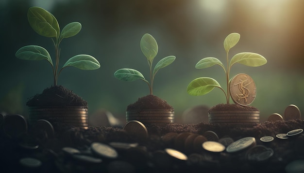 Growing plants on coins stacked on green blurred backgrounds and natural light with financial ideas Generative ai