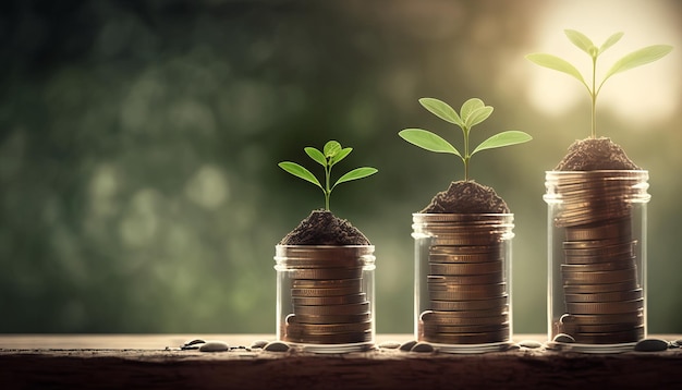 Growing plants on coins stacked on green blurred backgrounds and natural light with financial ideas Generative ai