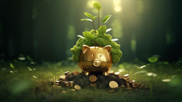 Growing savings interest earning and investment growth with green plant and coins