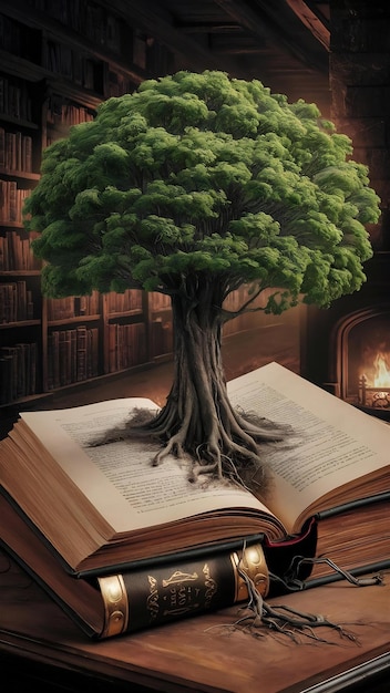 Growing tree with green leaves from an open book