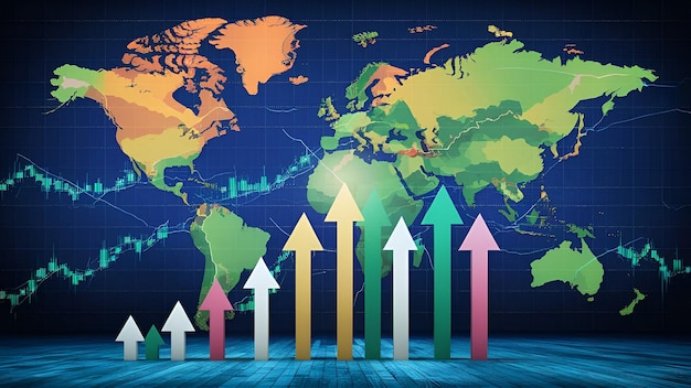 Growing upward arrows with world map and financial chart background