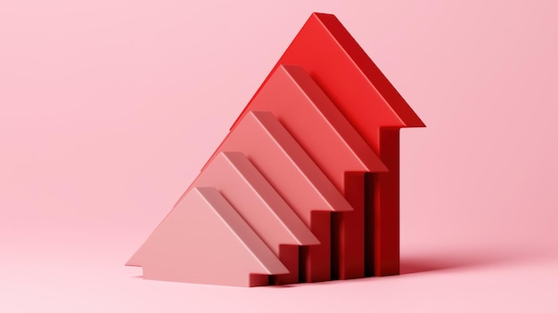 Growth arrows up five red arrows pointing up trends stocks success and growing upwards 3d render