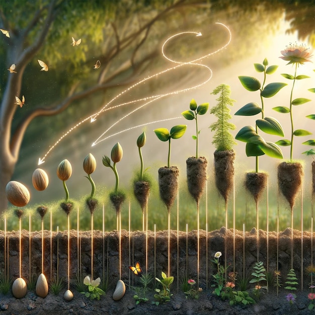 growth chart or a sequence showing a plant sprouting and growing symbolizing development