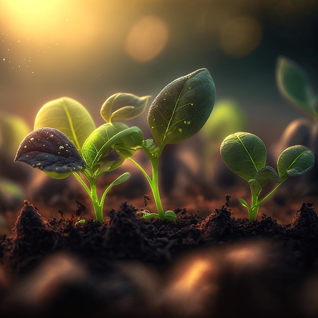 Growth plants concept in the nature morning light on green background Small young plants on a green background the concept of environmental stewardship and World Environment Day