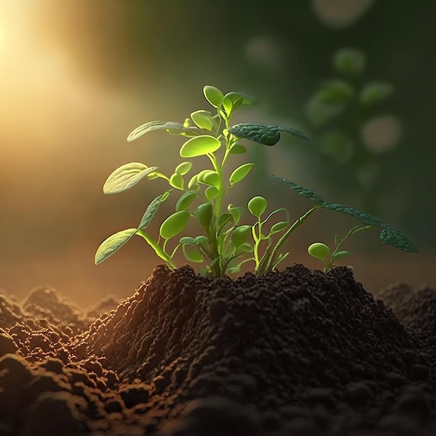 Growth plants concept in the nature morning light on green background Small young plants on a green background the concept of environmental stewardship and World Environment Day