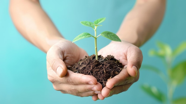 Growth Seedling in Farmers Hands Isolated on Flat Color Background