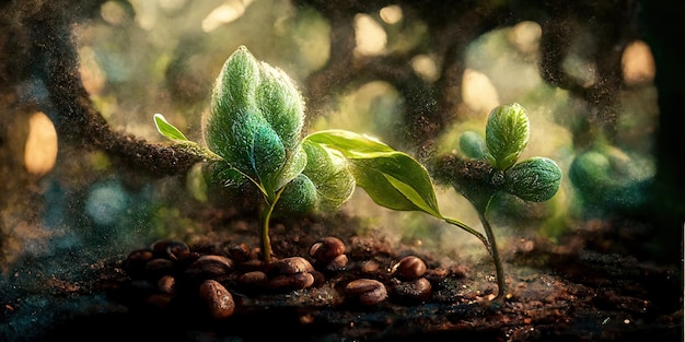 Growth Trees concept Coffee bean seedlings nature background Beautiful green