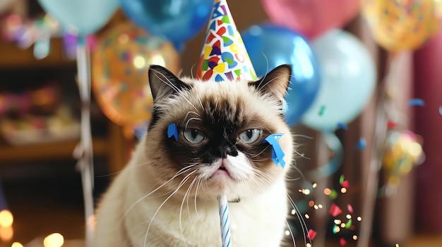 Grumpy Cat wearing a party hat and looking unimpressed