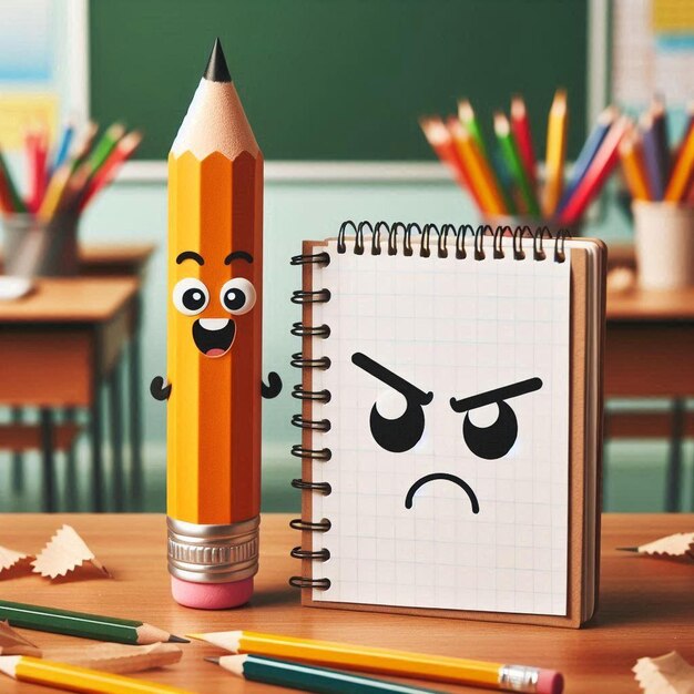 Photo grumpy pencil and happy notebook