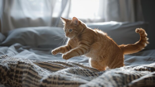 Grumpy red cat hissing and leaping from bed displeased after waking