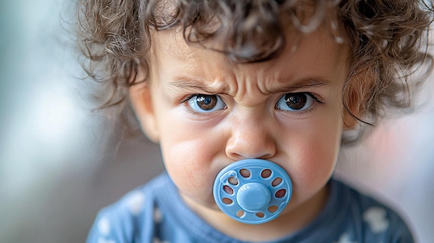 Grumpy Toddler with Pacifier Displays Adorable Attitude in Playful Expression Captured in Vibrant