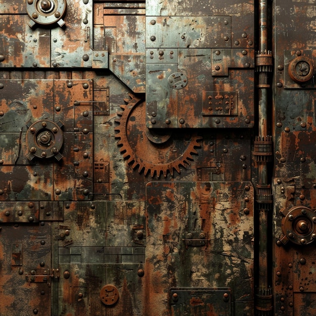 Grunge Background with Rusted Metal Door and Clock