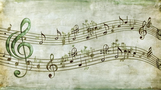 Grunge background with treble clef and musical notes