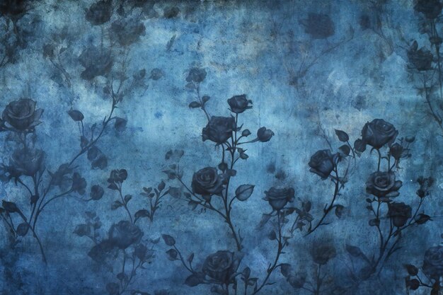 Grunge floral background with roses in blue and black colors