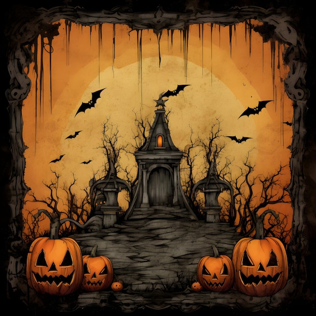 Grunge halloween background with spooky pumpkins