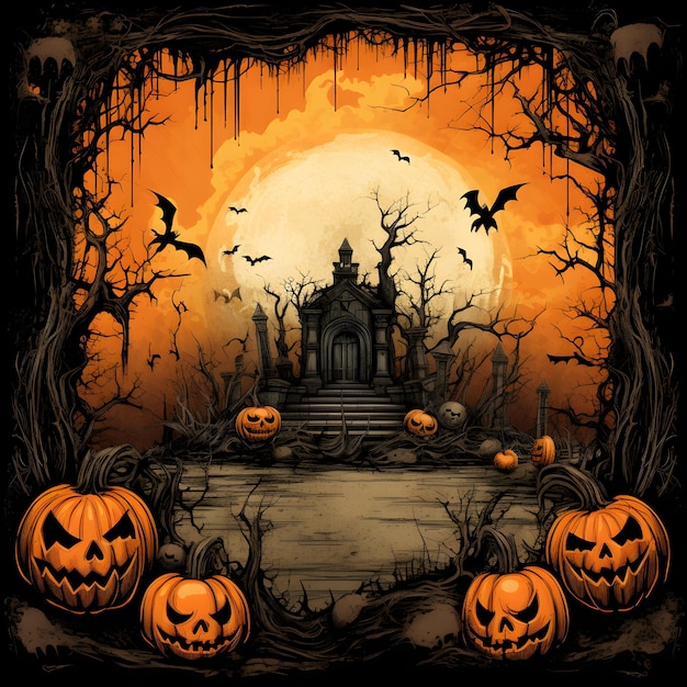 Grunge halloween background with spooky pumpkins