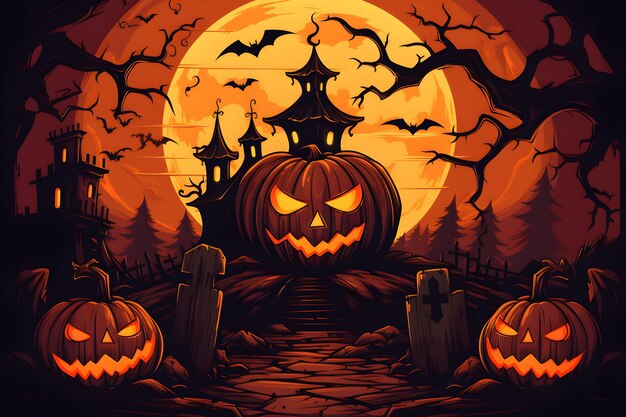 Grunge halloween background with spooky pumpkins