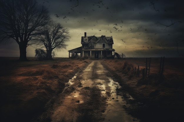 Grunge image of an abandoned house in the middle of a field