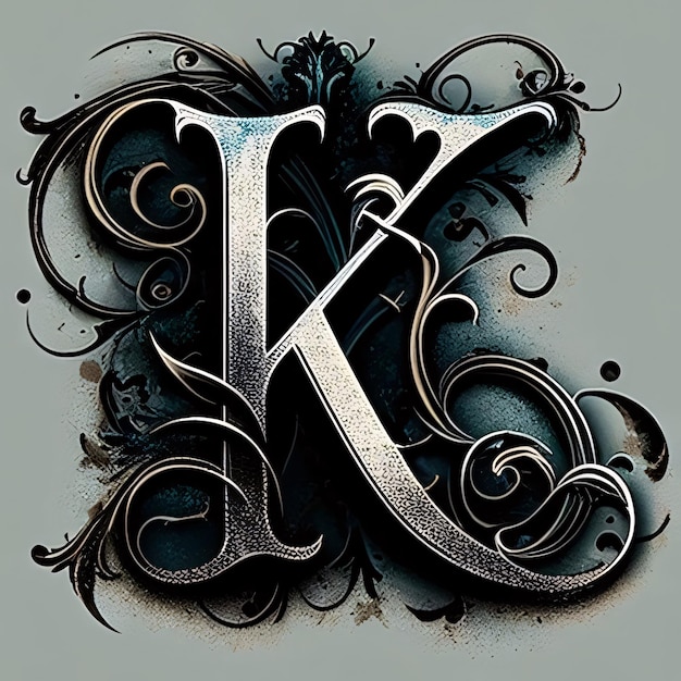 grunge letter K with floral ornament on it 3d illustration