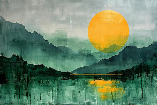 Grunge painting of sun mountain and lake in the mountains