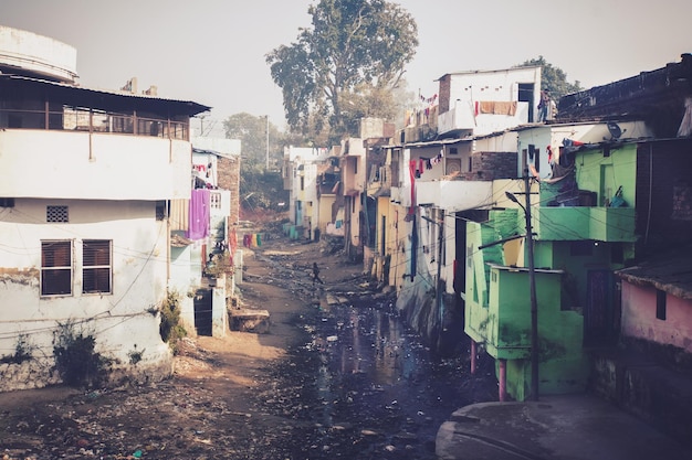 Grunge stone houses in poor area of historical indian town