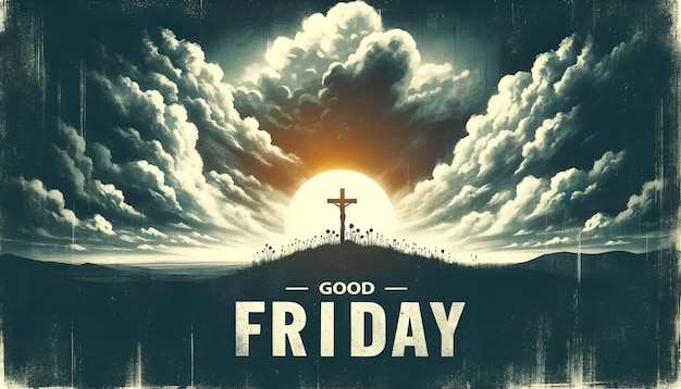 Grunge style illustration for good friday with wooden cross on a hill