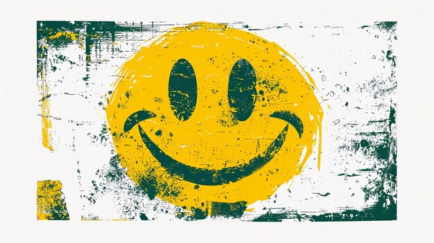 Photo grunge style smiley face poster bold yellow on white background urban street art design for prints cards posters