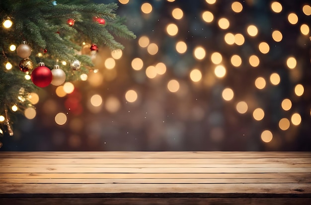 Grunge table top with blurry christmas light bokeh background