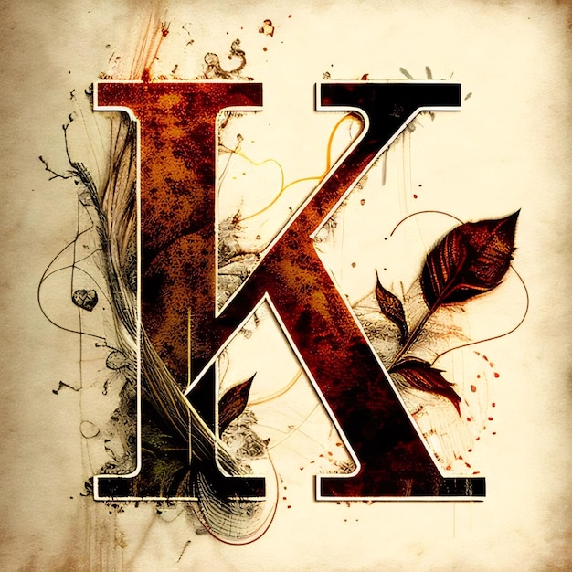 Grunge vintage letter K with feather and music notes background