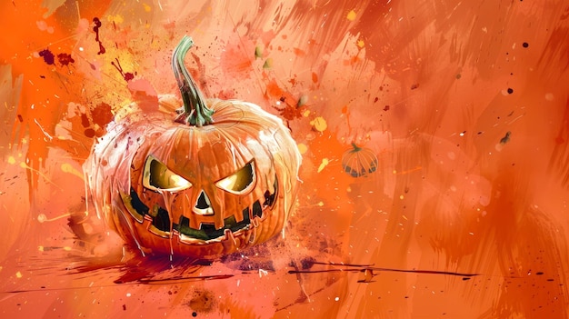 Photo a grungetextured pumpkin stands out amidst vibrant paint splatters embodying the essence of halloween excitement and festive creativity