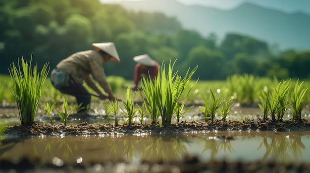 grup farmer transplant rice seedlings in rice field farmer planting rice in the rainy season