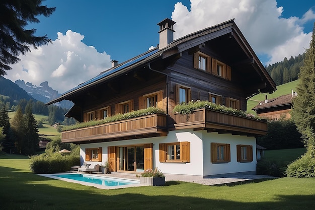 Gstaad traditional modern hybrid house with solar panels switzerland