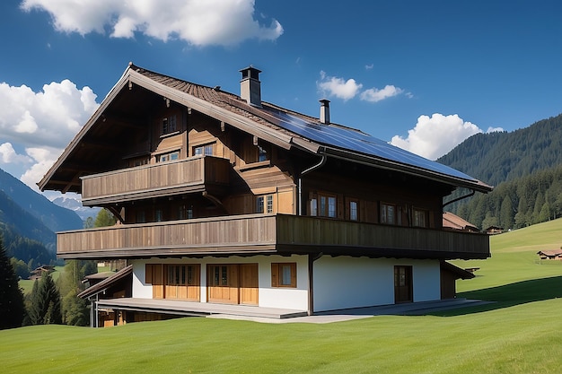 Gstaad traditional modern hybrid house with solar panels switzerland