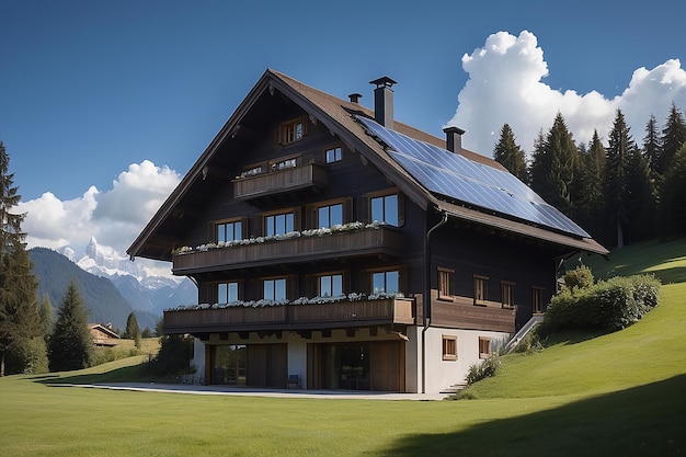 Gstaad traditional modern hybrid house with solar panels switzerland