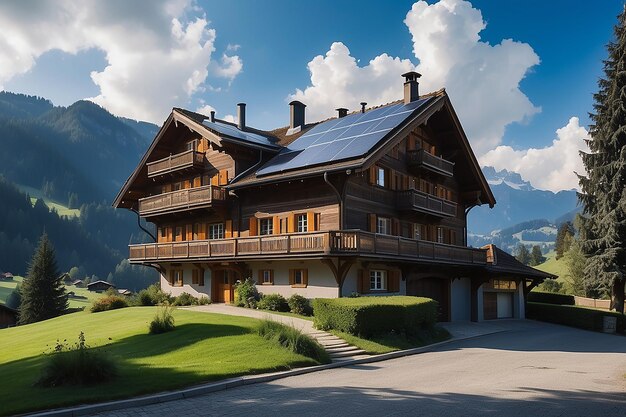 Gstaad traditional modern hybrid house with solar panels switzerland