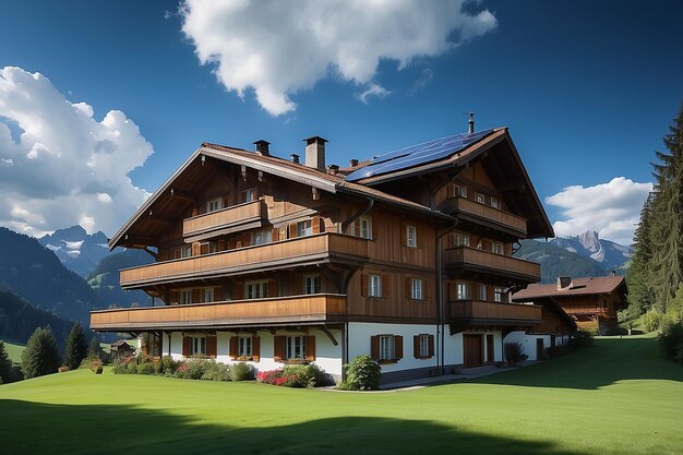 Gstaad traditional modern hybrid house with solar panels switzerland