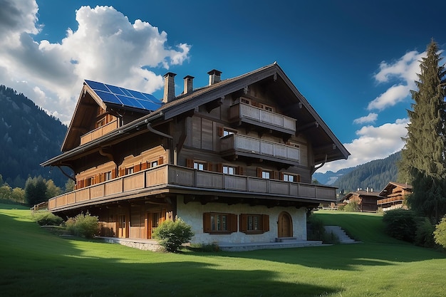 Gstaad traditional modern hybrid house with solar panels switzerland