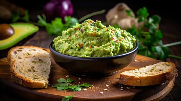 Guacamole with bread and avocado