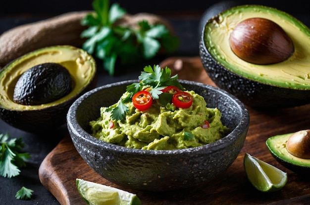 Photo guacamole with fresh avocados lime and a burst of cilantro