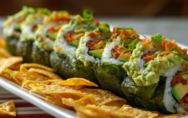 Guacamoroll sushi roll filled entirely with guacamole wrapped in a tortilla instead of seaweed on a bed of nacho chips