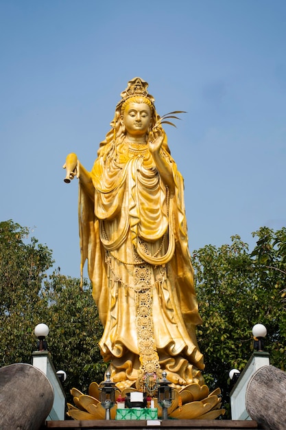 Guan Yin bodhisattva goddess monument or Guishan guanyin statue for thai people foreign and travelers travel visit respect praying in Wat Samphran temple at Sam Phran city in Nakhon Pathom Thailand