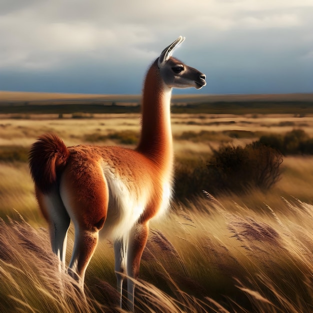 Photo a guanaco standing in an open field captured from a side view