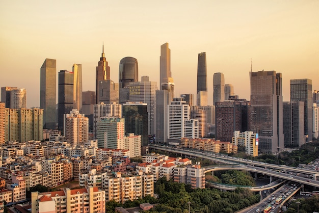 Guangzhou, China-Feb. 29, 2016: Guangzhou city modern buildings in the sunset.