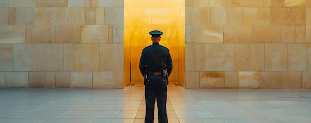 Photo guard in black stands facing museums concept travel landmarks architecture historic buildings cityscape