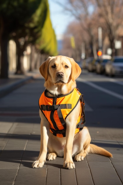 The guard dog is on the street