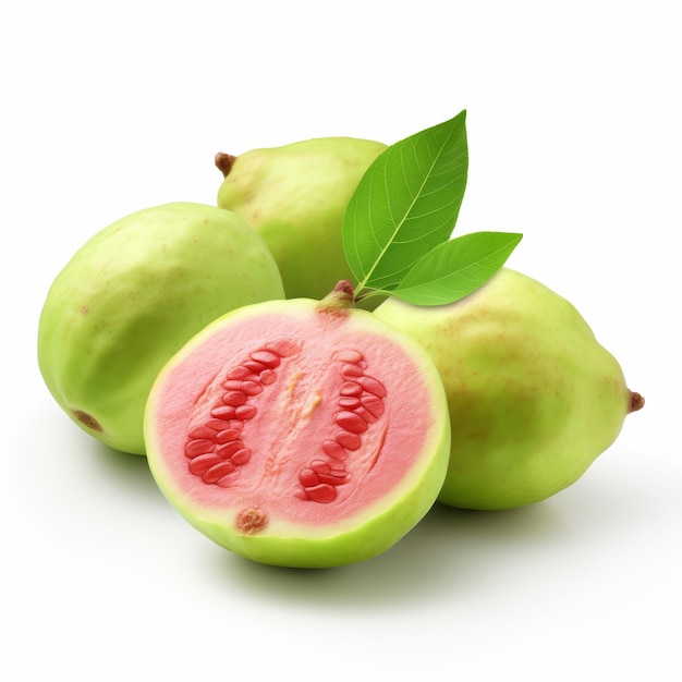 Photo guava fruit sliced with green leaves isolated on white background