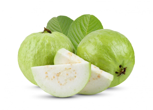 Guava fruit with leaf isolated on white background . full depth of field