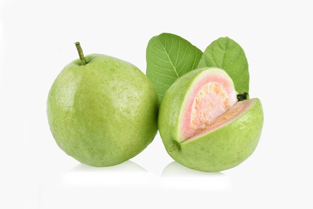 Guava fruit with leaf isolated on white background